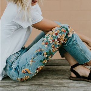 Free People Embroidered Girlfriend Jeans